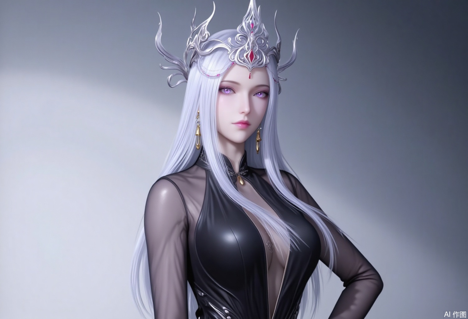 baoshi,lvjing,bosaixi,white hair,long hair,fair_skin,purple eyes,crown,jewelry,earrings,1girl,solo,jewelry,earrings,see-through,dress,upper body,black dress,hand on own hip,breasts,see-through sleeves,13,cover,simple background,gradient background,close-up details,outstanding style,adding a touch of dimension to your images without compromising details,close-up,