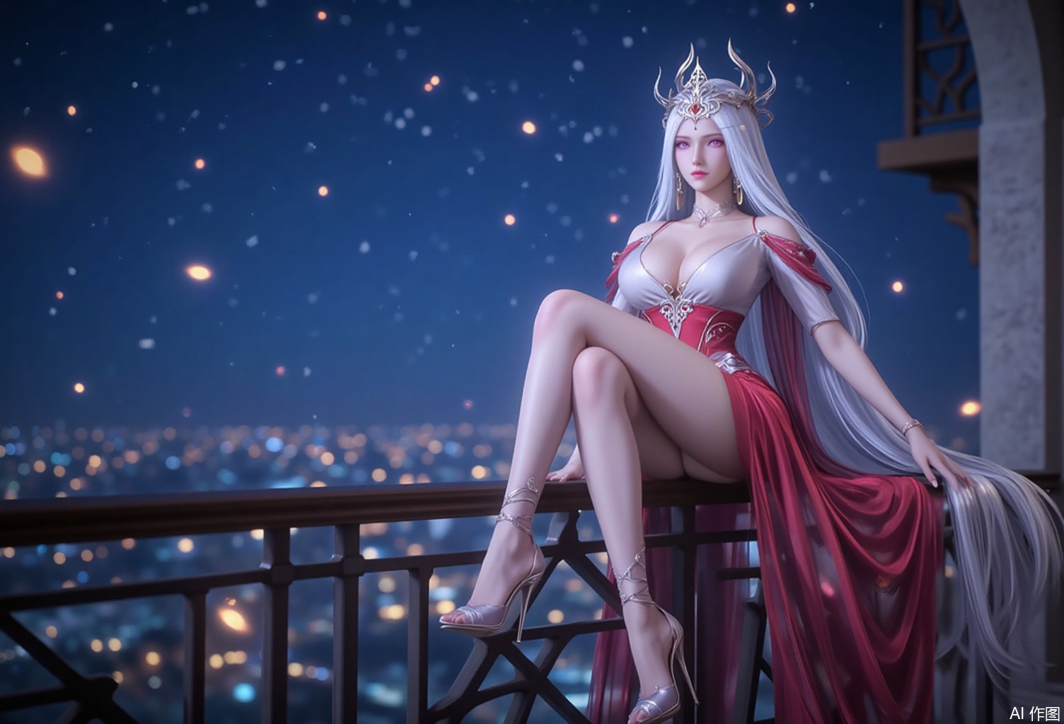 baoshi,lvjing,bosaixi,white hair,long hair,fair_skin,purple eyes,crown,jewelry,earrings,a beautiful woman in a red and white dress,sit on the balcony railing,delicate high heels,slender legs,exquisite makeup,long flowing white hair,beautiful head crown,beautiful purple eyes,fair_skin,the background is the city under the stars,a large number of fireflies flying in the air,close-up details,outstanding style,adding a touch of dimension to your images without compromising details,close-up,