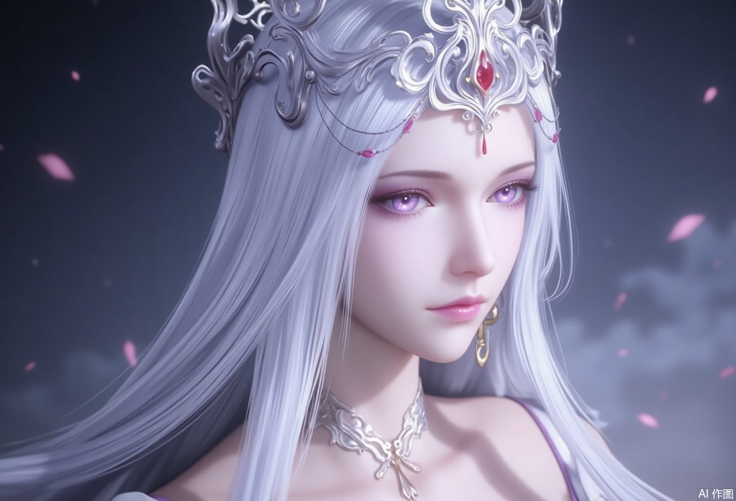 baoshi,lvjing,bosaixi,white hair,long hair,fair_skin,purple eyes,crown,jewelry,earrings,1girl, long hair, white hair, dress, upper body, bare shoulders, solo, hair ornament, jewelry, tiara, white dress,Close-up details,outstanding style,adding a touch of dimension to your images without compromising details,close-up,lvjing,
