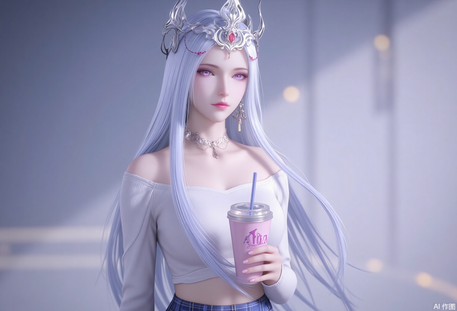 baoshi,lvjing,bosaixi,white hair,long hair,fair_skin,purple eyes,crown,jewelry,earrings,1girl,skirt,plaid skirt,realistic,solo,plaid,cup,blurry background,blurry,looking at viewer,holding,disposable cup,holding cup,hairband,sweater,necklace,crop top,blue hairband,midriff,shirt,jewelry,white sweater,off shoulder,white shirt,4,cover,simple background,gradient background,close-up details,outstanding style,adding a touch of dimension to your images without compromising details,close-up