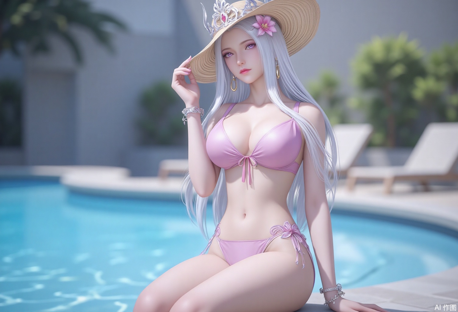 baoshi,lvjing,bosaixi,white hair,long hair,fair_skin,purple eyes,crown,jewelry,earrings,1girl,hat,jewelry,breasts,solo,innertube,bracelet,flower,shorts,earrings,pool,looking at viewer,swimsuit,water,bikini,blurry,sun hat,hat flower,navel,sitting,blurry background,cleavage,collarbone,medium breasts,lips,outdoors,straw hat,bare shoulders,nail polish,cover,simple background,gradient background,close-up details,outstanding style,adding a touch of dimension to your images without compromising details,close-up,
