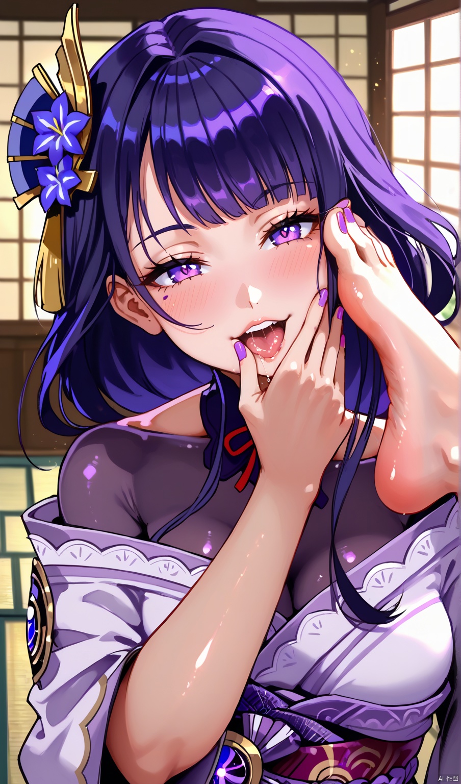 absurdres, masterpiece, best quality, very aesthetic, HDR, 8K, ultra-detailed, anime, 748cmstyle
1girl(raiden_shogun, purple eyes, purple hair, Japanese dress.solo,mole,hair_ornament,  Self foot worship, feet, foot, toes, toenails, saliva, saliva trail, purple toenails, shiny skin, blush female, purple nail polish),Fooocus Ul and Enhance enabled,,SELF FOOT WORSHIP, FEET, FOOT, TOES,TOENAILS,