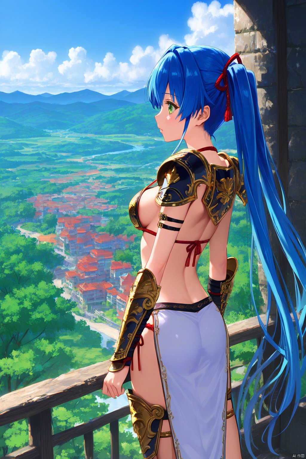 masterpiece, best quality, very aesthetic, absurdres, newest, amazing quality, highres BREAK
1girl, scenery, , yoshihiro_muramasa, blue hair, green eyes, twintails, bikini armor,  japanese armor, shoulder armor, sideboob, kote,YOSHIHIRO_MURAMASA, BLUE HAIR,GREEN EYES, TWINTAILS,