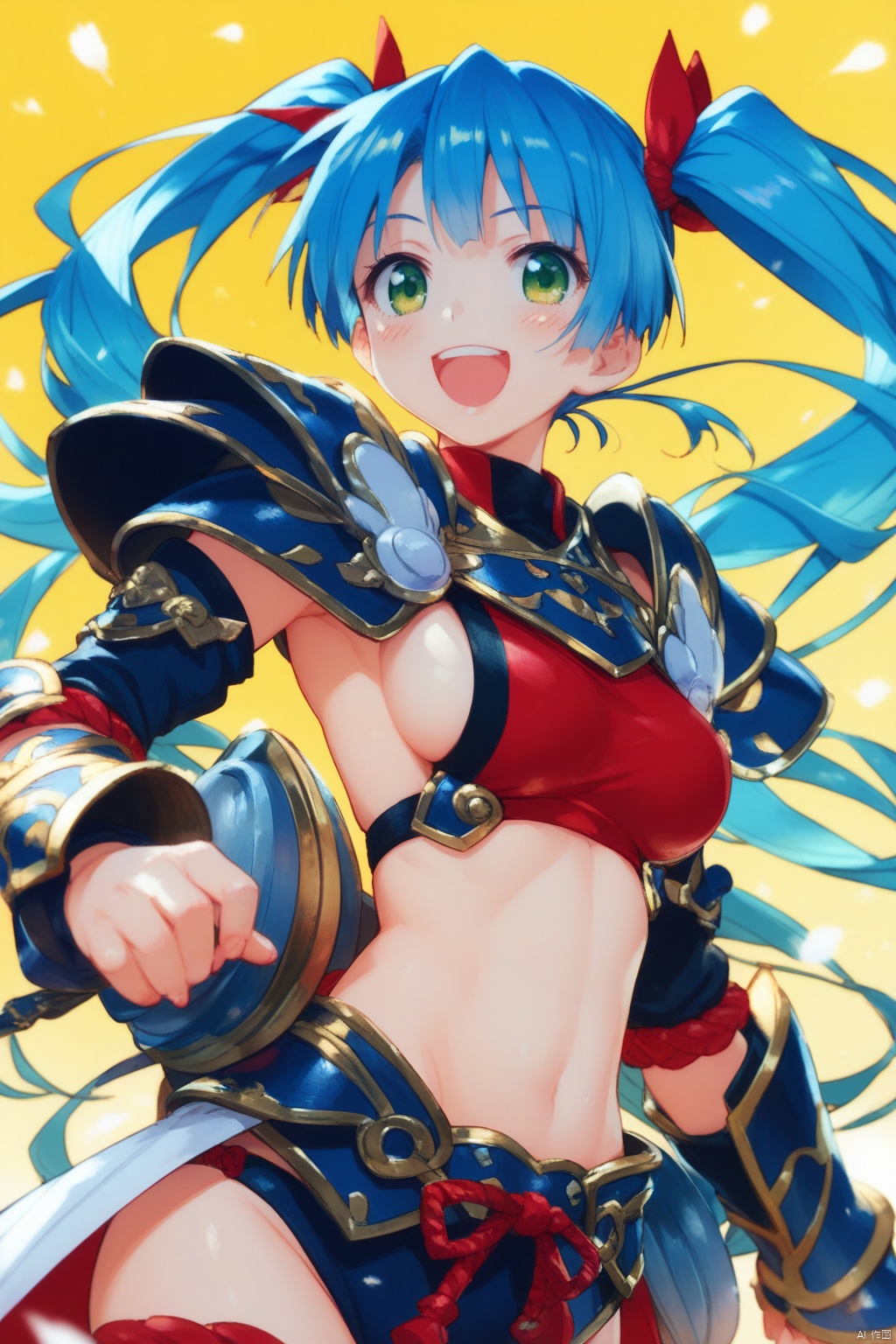 ((safe)), 1girl,solo,  yoshihiro_muramasa, blue hair, green eyes, twintails, hachimaki, bikini armor, japanese armor, shoulder armor, sideboob, kote, smile, open mouth, outdoors, best quality, amazing quality, very aesthetic, absurdres,YOSHIHIRO_MURAMASA, BLUE HAIR,GREEN EYES, TWINTAILS,,muscler.,score_9_up score_8_up score_7_up,,score_6_up,