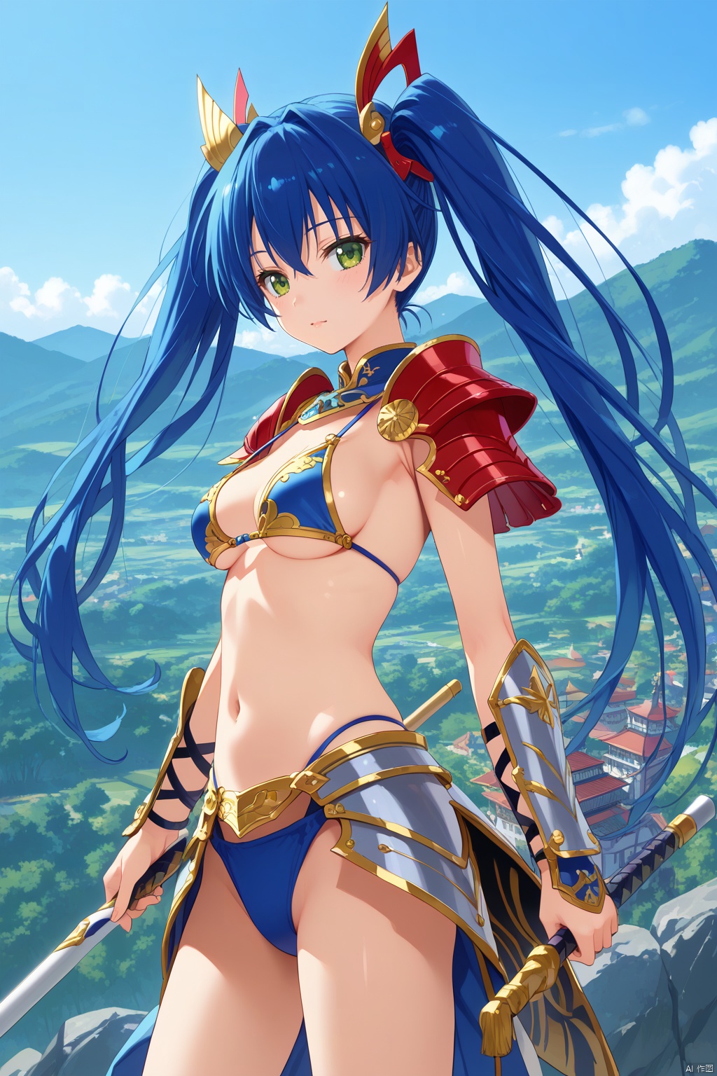 masterpiece, best quality, very aesthetic, absurdres, newest, amazing quality, highres BREAK
1girl, scenery, , yoshihiro_muramasa, blue hair, green eyes, twintails, bikini armor,  japanese armor, shoulder armor, sideboob, kote,YOSHIHIRO_MURAMASA, BLUE HAIR,GREEN EYES, TWINTAILS,