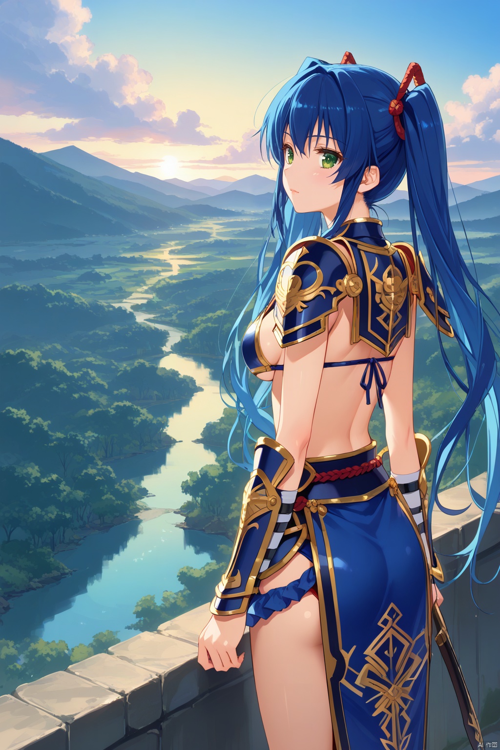 masterpiece, best quality, very aesthetic, absurdres, newest, amazing quality, highres BREAK
1girl, scenery, , yoshihiro_muramasa, blue hair, green eyes, twintails, bikini armor,  japanese armor, shoulder armor, sideboob, kote,YOSHIHIRO_MURAMASA, BLUE HAIR,GREEN EYES, TWINTAILS,