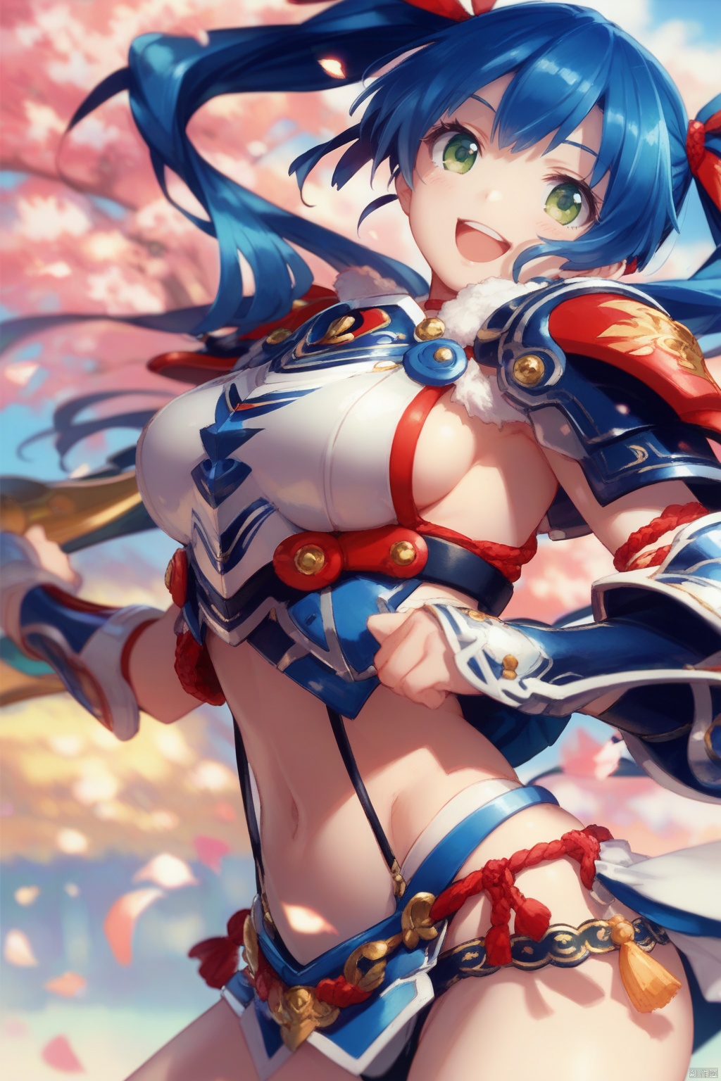 ((safe)), 1girl,solo,  yoshihiro_muramasa, blue hair, green eyes, twintails, hachimaki, bikini armor, japanese armor, shoulder armor, sideboob, kote, smile, open mouth, outdoors, best quality, amazing quality, very aesthetic, absurdres,YOSHIHIRO_MURAMASA, BLUE HAIR,GREEN EYES, TWINTAILS,,muscler.,score_9_up score_8_up score_7_up,,score_6_up,