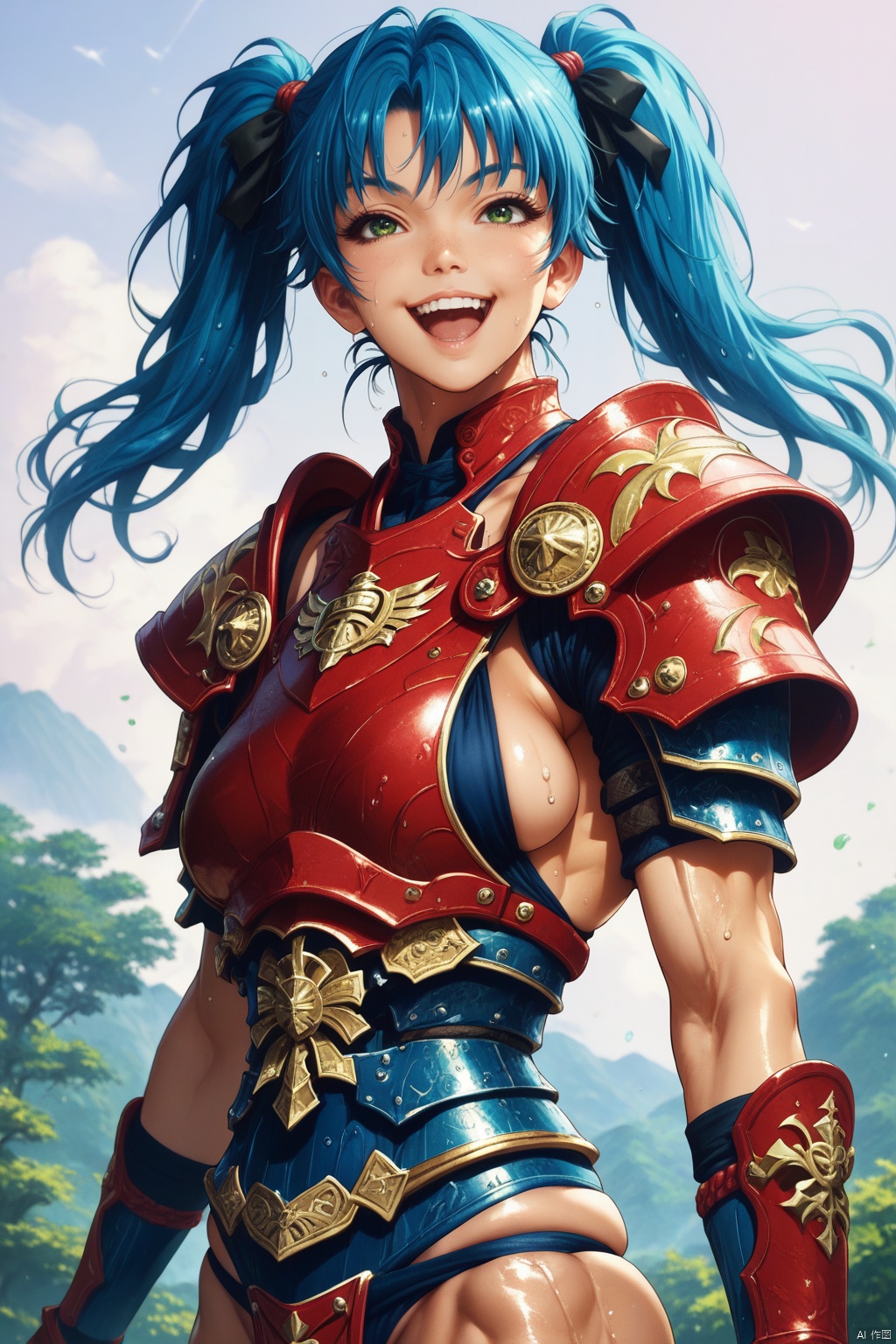 ((safe)), 1girl,solo,  yoshihiro_muramasa, blue hair, green eyes, twintails, hachimaki, bikini armor, japanese armor, shoulder armor, sideboob, kote, smile, open mouth, outdoors, best quality, amazing quality, very aesthetic, absurdres,YOSHIHIRO_MURAMASA, BLUE HAIR,GREEN EYES, TWINTAILS,,muscler.,score_9_up score_8_up score_7_up,,score_6_up,,score_9score_8_up score_7_up Sakimi chan,wet skin,skindentation,D4IROKUT3NM40U,,muscles, gains, oiled bodies, big gains,,pretty faces,
