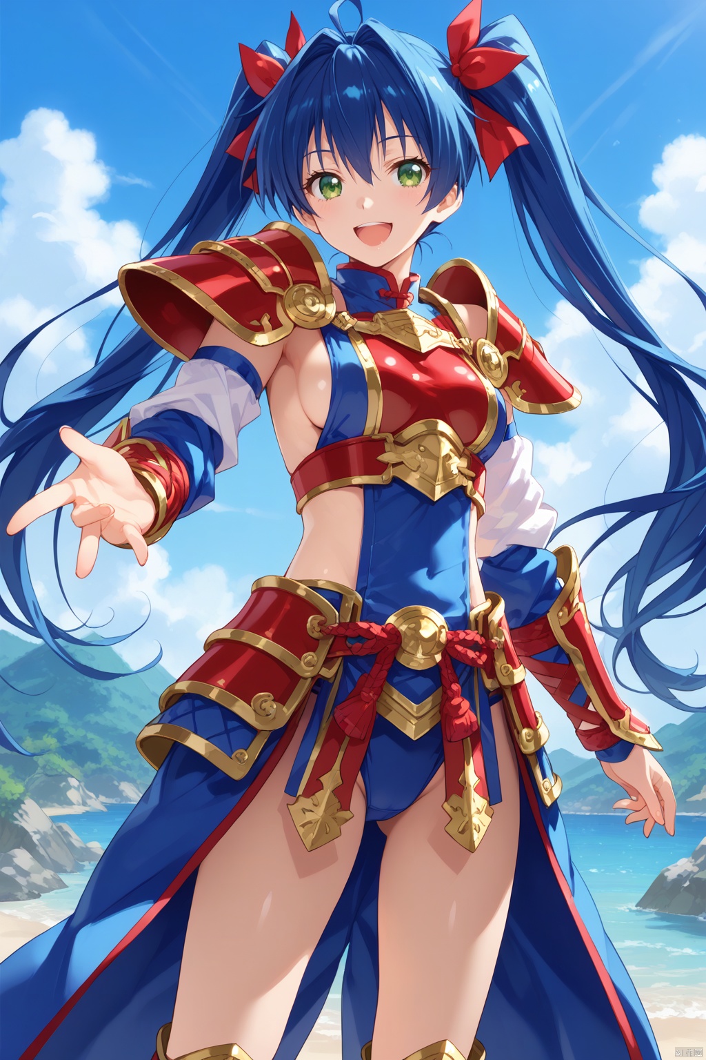 ((safe)), 1girl,solo,  yoshihiro_muramasa, blue hair, green eyes, twintails, hachimaki, bikini armor, japanese armor, shoulder armor, sideboob, kote, smile, open mouth, outdoors, best quality, amazing quality, very aesthetic, absurdres,YOSHIHIRO_MURAMASA, BLUE HAIR,GREEN EYES, TWINTAILS,,muscler.