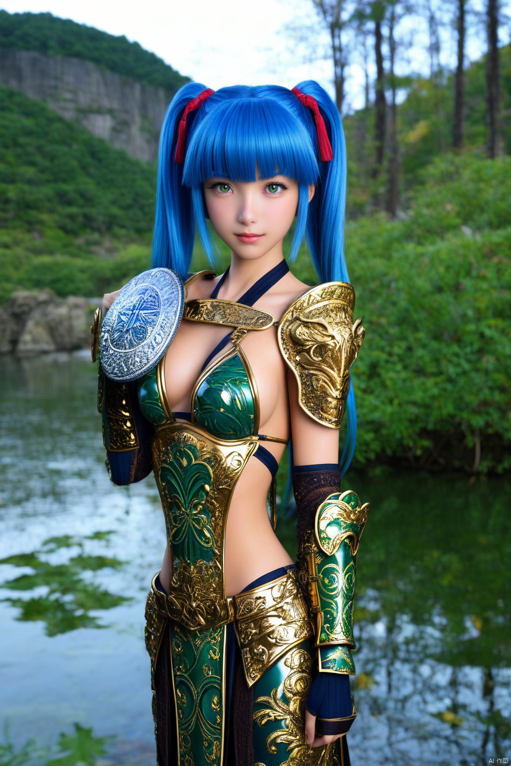 masterpiece, best quality, very aesthetic, absurdres, newest, amazing quality, highres BREAK
1girl, scenery, , yoshihiro_muramasa, blue hair, green eyes, twintails, bikini armor,  japanese armor, shoulder armor, sideboob, kote,YOSHIHIRO_MURAMASA, BLUE HAIR,GREEN EYES, TWINTAILS,