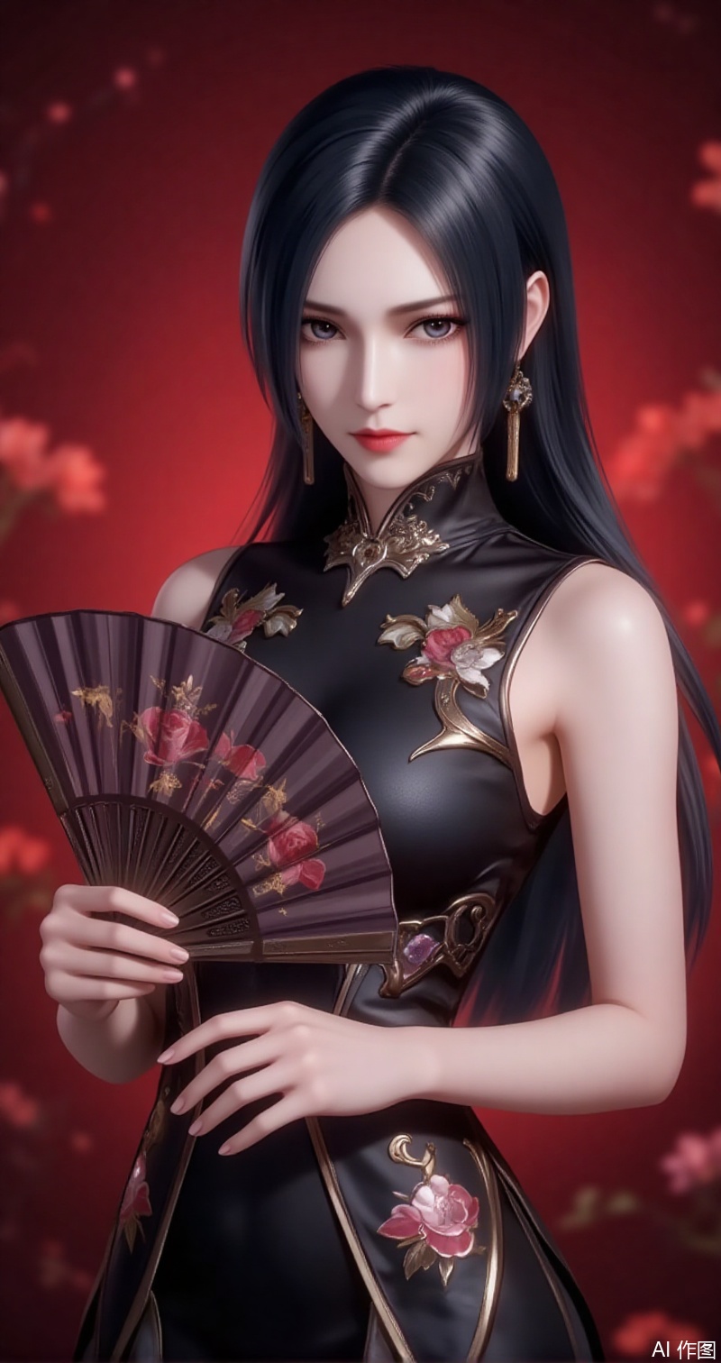 baoshi,lvjing,liuerlong,black hair,gey eyes,long hair,fair_skin,jewelry,earrings,1girl,dress,hand fan,holding,solo,earrings,jewelry,chinese clothes,china dress,black dress,holding fan,floral print,blurry,sleeveless,looking at viewer,sleeveless dress,red background,folding fan,standing,head tilt,2,cover,simple background,gradient background,close-up details,outstanding style,adding a touch of dimension to your images without compromising details,close-up,