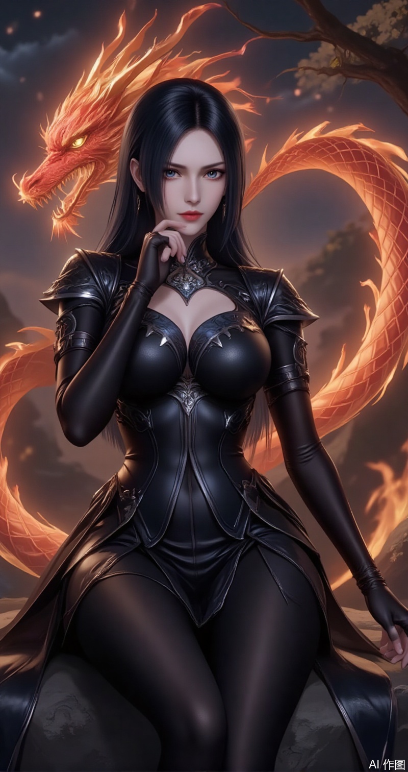 baoshi,lvjing,liuerlong,a beautiful woman in black leather tights and jumpsuits,she was wearing black tights and over-the-knee black boots,she sat on a rock,lift the 1 hand,black hair,long hair,grey eyes,red_lips_,some serious expression,(clench with both hands:1.2),(strike a posture of attack:1.2),(in the background is a flaming oriental dragon:1.1),cover,gradient background,close-up details,outstanding style,adding a touch of dimension to your images without compromising details,close-up