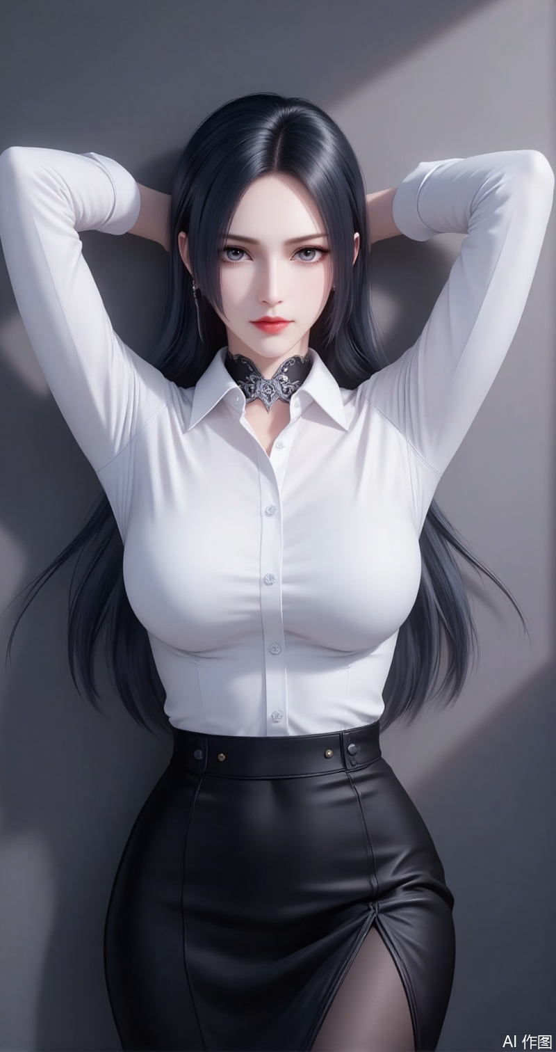 baoshi,lvjing,liuerlong,black hair,gey eyes,long hair,fair_skin,jewelry,earrings,1girl,solo,shirt,pencil skirt,skirt,white shirt,black skirt,looking at viewer,collared shirt,collar,thighhighs,long sleeves,arms up,arms behind head,choker,breasts,high-waist skirt,red lips,office lady,lips,standing,cowboy shot,indoors,buttons,black thighhighs,dress shirt,realistic,black choker,cover,simple background,gradient background,close-up details,outstanding style,adding a touch of dimension to your images without compromising details,close-up,