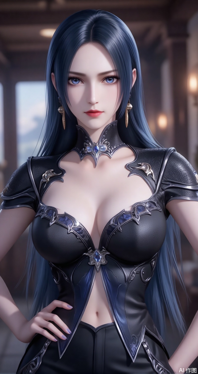 baoshi,lvjing,liuerlong,1girl, solo, long hair, breasts, looking at viewer, blue eyes, black hair, cleavage, jewelry, medium breasts, blue hair, standing, earrings, pants, indoors, hand on hip, makeup, red lips
,cover,gradient background,close-up details,outstanding style,adding a touch of dimension to your images without compromising details,close-up
