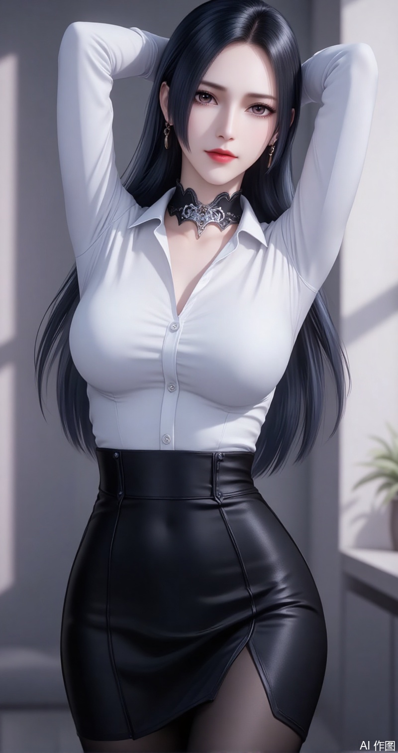baoshi,lvjing,liuerlong,black hair,gey eyes,long hair,fair_skin,jewelry,earrings,1girl,solo,shirt,pencil skirt,skirt,white shirt,black skirt,looking at viewer,collared shirt,collar,thighhighs,long sleeves,arms up,arms behind head,choker,breasts,high-waist skirt,red lips,office lady,lips,standing,cowboy shot,indoors,buttons,black thighhighs,dress shirt,realistic,black choker,cover,simple background,gradient background,close-up details,outstanding style,adding a touch of dimension to your images without compromising details,close-up,
