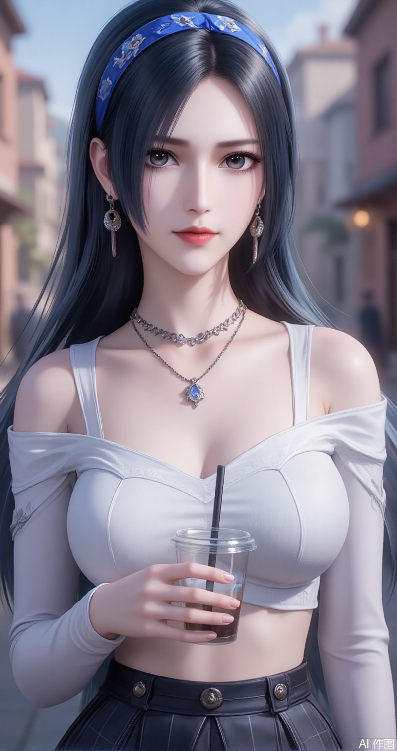 baoshi,lvjing,liuerlong,black hair,gey eyes,long hair,fair_skin,jewelry,earrings,1girl,skirt,plaid skirt,realistic,solo,plaid,cup,blurry background,blurry,looking at viewer,holding,disposable cup,holding cup,hairband,sweater,necklace,crop top,blue hairband,midriff,shirt,jewelry,white sweater,off shoulder,white shirt,4,cover,simple background,gradient background,close-up details,outstanding style,adding a touch of dimension to your images without compromising details,close-up