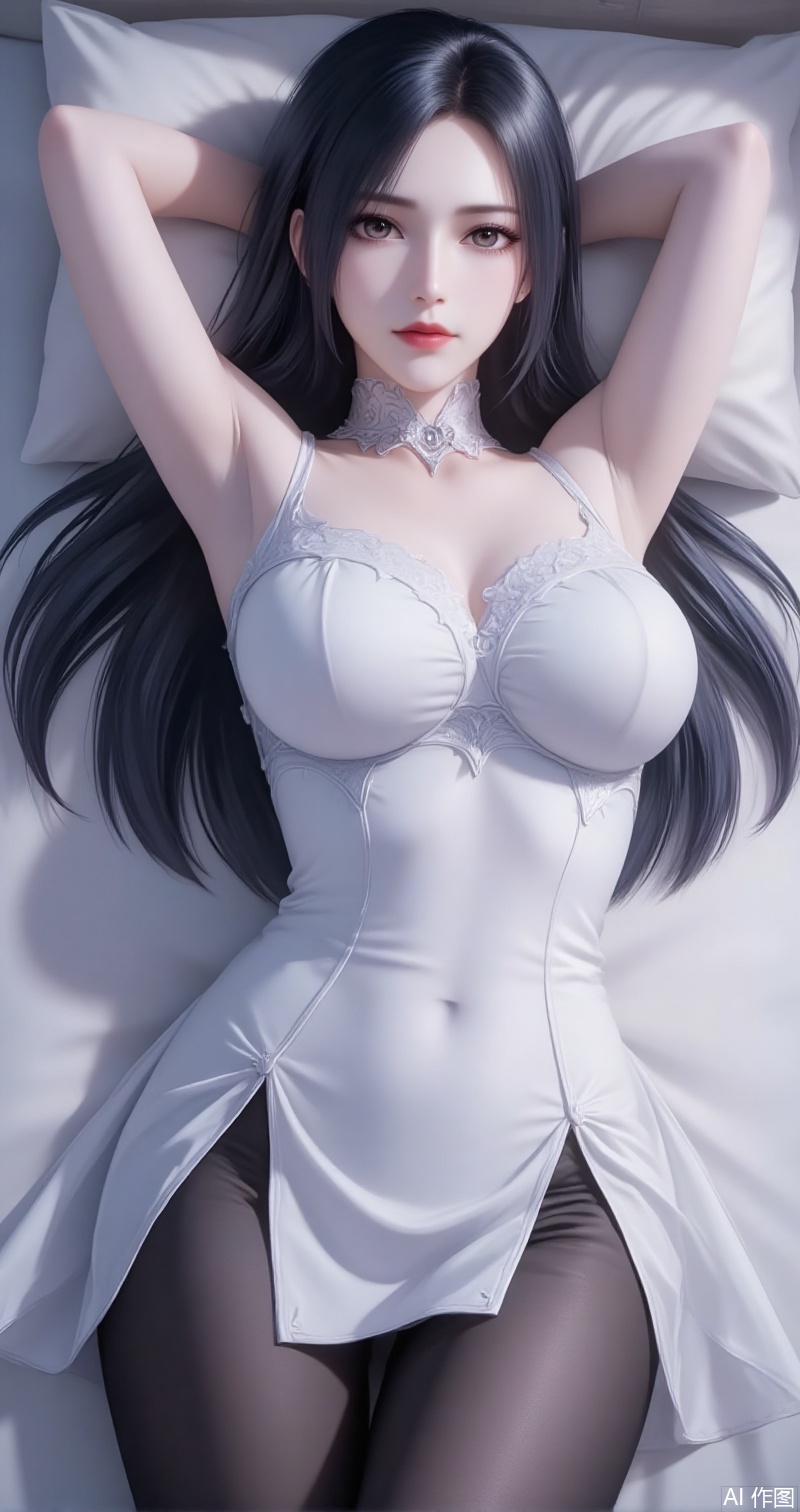 baoshi,lvjing,liuerlong,1girl, solo, long hair, breasts, looking at viewer, black hair, thighhighs, dress, brown eyes, very long hair, pantyhose, lying, black thighhighs, indoors, on back, white dress, arms up, lips, pillow, bed, on bed, arms behind head,cover,gradient background,close-up details,outstanding style,adding a touch of dimension to your images without compromising details,close-up