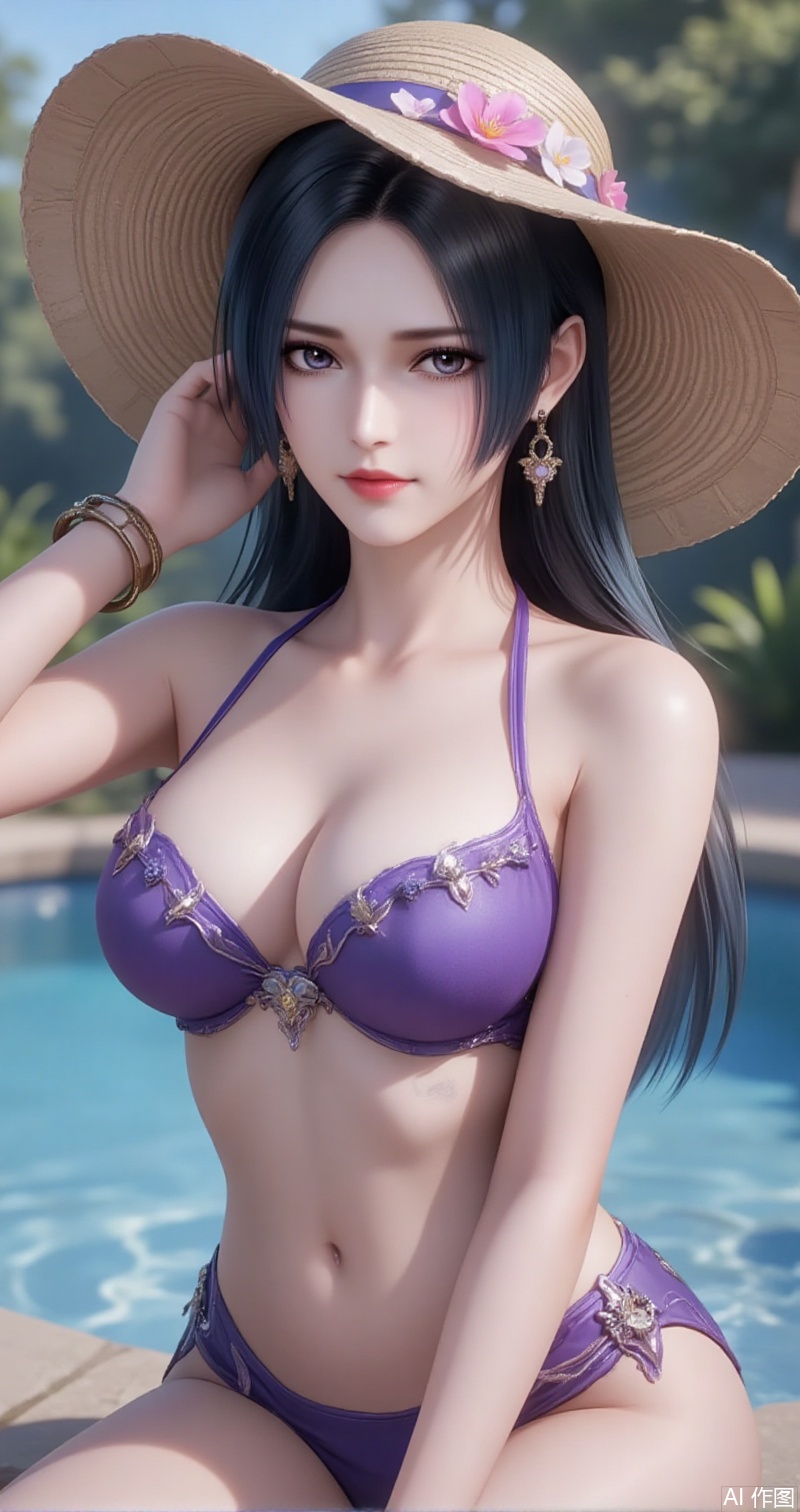 baoshi,lvjing,liuerlong,black hair,gey eyes,long hair,fair_skin,jewelry,earrings,1girl,hat,jewelry,breasts,solo,innertube,bracelet,flower,shorts,earrings,pool,looking at viewer,swimsuit,water,bikini,blurry,sun hat,hat flower,navel,sitting,blurry background,cleavage,collarbone,medium breasts,lips,outdoors,straw hat,bare shoulders,nail polish,cover,simple background,gradient background,close-up details,outstanding style,adding a touch of dimension to your images without compromising details,close-up,