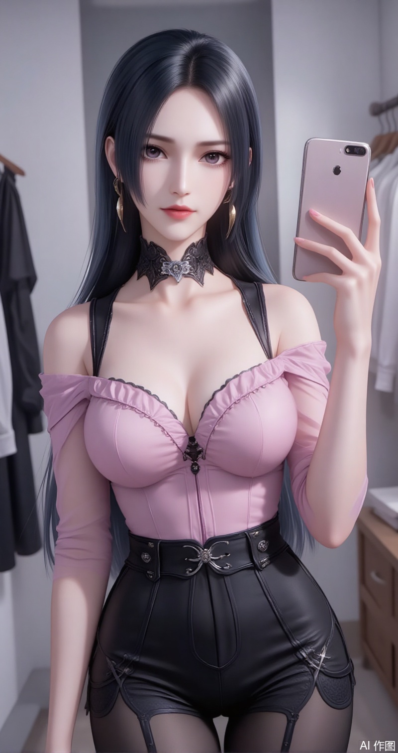 baoshi,lvjing,liuerlong,black hair,gey eyes,long hair,fair_skin,jewelry,earrings,1girl,breasts,jewelry,phone,earrings,thighhighs,choker,solo,cleavage,cellphone,black choker,holding phone,bare shoulders,holding,smartphone,shirt,garter straps,black thighhighs,off-shoulder shirt,leotard,frills,selfie,collarbone,off shoulder,pink shirt,long sleeves,cross-laced clothes,standing,clothes hanger,closed mouth,cowboy shot,high-waist shorts,thighs,indoors,large breasts,see-through,shorts,medium breasts,cover,simple background,gradient background,close-up details,outstanding style,adding a touch of dimension to your images without compromising details,close-up,