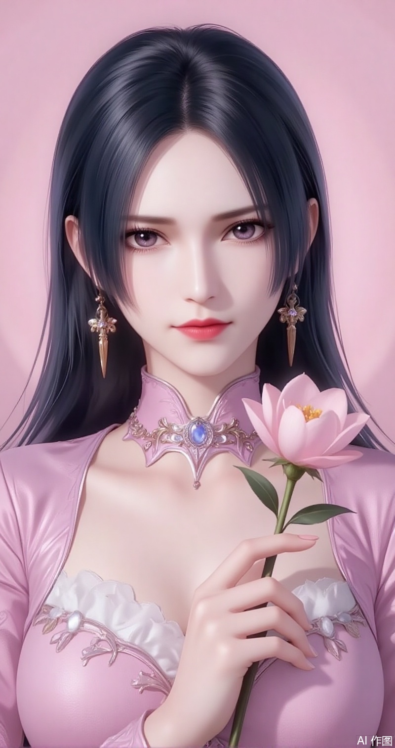 baoshi,lvjing,liuerlong,black hair,gey eyes,long hair,fair_skin,jewelry,earrings,1girl,solo,flower,pink background,holding,holding flower,looking at viewer,portrait,parted lips,realistic,simple background,pink flower,lips,red lips,white flower,58,cover,simple background,gradient background,close-up details,outstanding style,adding a touch of dimension to your images without compromising details,close-up,