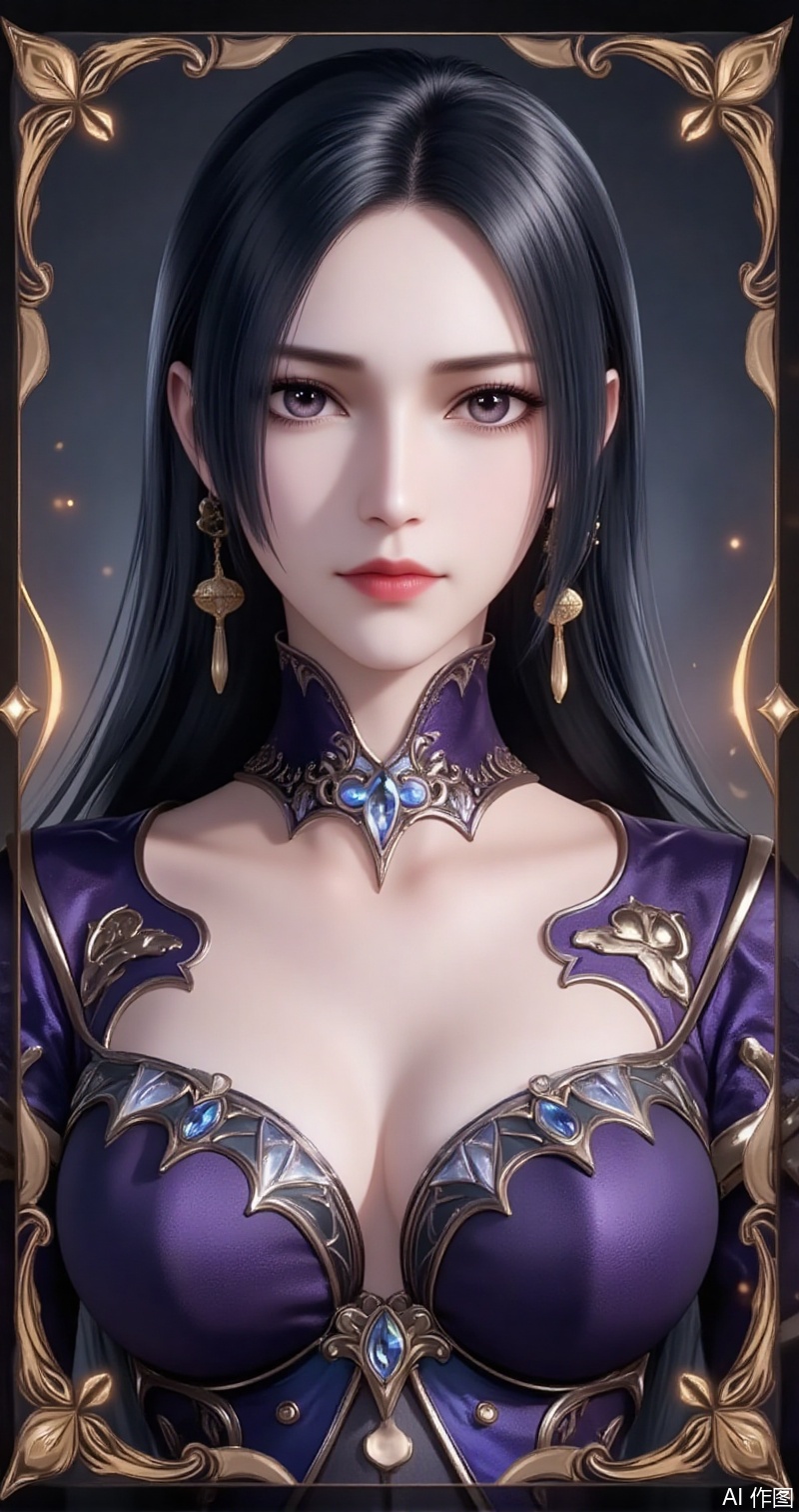 baoshi,lvjing,liuerlong,black hair,gey eyes,long hair,fair_skin,jewelry,earrings,1girl,solo,earrings,jewelry,looking at viewer,breasts,tarot,collarbone,upper body,dress,closed mouth,card \(medium\),tarot \(medium\),frills,border,cover,gradient background,close-up details,outstanding style,adding a touch of dimension to your images without compromising details,close-up