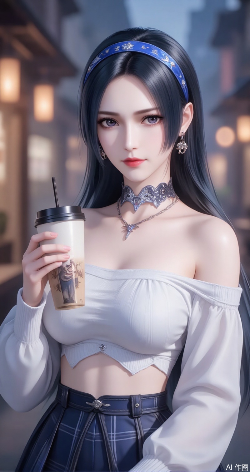 baoshi,lvjing,liuerlong,black hair,gey eyes,long hair,fair_skin,jewelry,earrings,1girl,skirt,plaid skirt,realistic,solo,plaid,cup,blurry background,blurry,looking at viewer,holding,disposable cup,holding cup,hairband,sweater,necklace,crop top,blue hairband,midriff,shirt,jewelry,white sweater,off shoulder,white shirt,4,cover,simple background,gradient background,close-up details,outstanding style,adding a touch of dimension to your images without compromising details,close-up
