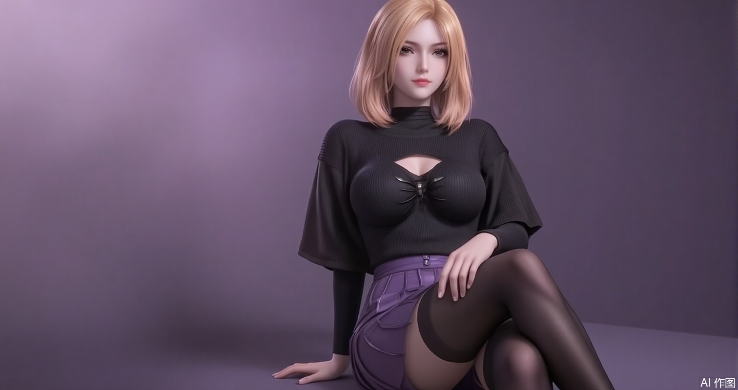 lvjing,baoshi,huliena,blonde hair,short hair,brown eyes,1girl,pantyhose,breasts,skirt,solo,ass,large breasts,bangs,black pantyhose,looking at viewer,purple skirt,black sweater,long sleeves,underwear,sweater,turtleneck,pleated skirt,black shirt,gradient background,simple background,simple background,gradient_background,cover,Close-up details,outstanding style,adding a touch of dimension to your images without compromising details,close-up,