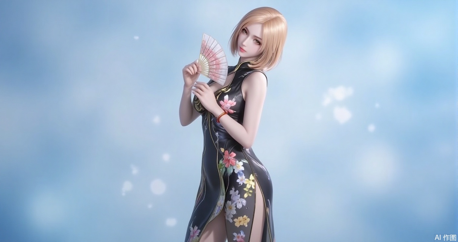 lvjing,baoshi,huliena,blonde hair,short hair,brown eyes,1girl,dress,hand fan,holding,solo,earrings,jewelry,chinese clothes,china dress,black dress,holding fan,floral print,blurry,sleeveless,looking at viewer,sleeveless dress,light blue background,folding fan,standing,head tilt,2,cover,simple background,gradient background,close-up details,outstanding style,adding a touch of dimension to your images without compromising details,close-u
