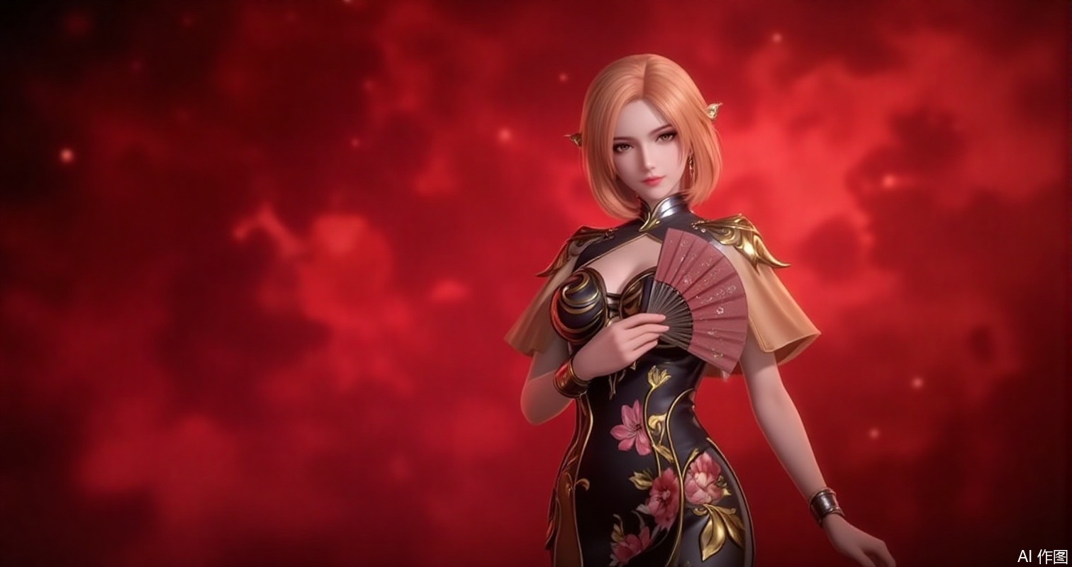 lvjing,baoshi,huliena,blonde hair,short hair,brown eyes,1girl,dress,hand fan,holding,solo,earrings,jewelry,chinese clothes,china dress,black dress,holding fan,floral print,blurry,sleeveless,looking at viewer,sleeveless dress,red background,folding fan,standing,head tilt,2,cover,simple background,gradient background,close-up details,outstanding style,adding a touch of dimension to your images without compromising details,close-u
