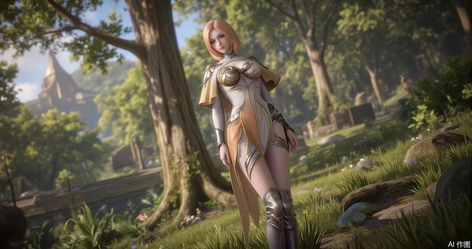 lvjing,baoshi,huliena,blonde hair,short hair,brown eyes,1girl,armor,thighhighs,solo,standing,nature,fantasy,breasts,boots,outdoors,tree,Close-up details,outstanding style,adding a touch of dimension to your images without compromising details,close-up,,lvjing,
