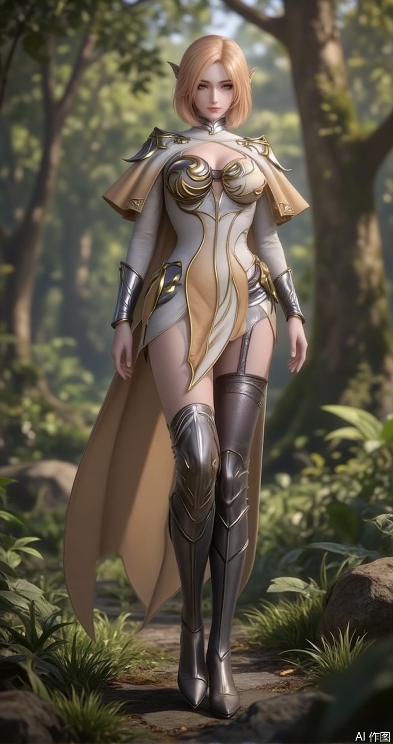 lvjing,baoshi,huliena,blonde hair,short hair,brown eyes,1girl,armor,thighhighs,solo,standing,nature,fantasy,breasts,boots,outdoors,tree,Close-up details,outstanding style,adding a touch of dimension to your images without compromising details,close-up,,lvjing,
