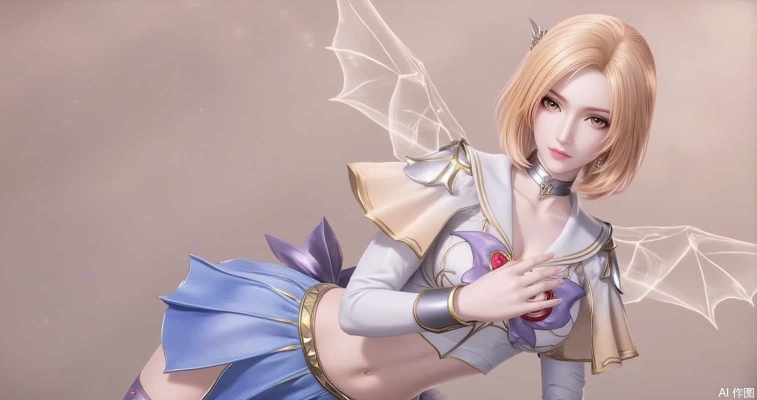 lvjing,baoshi,huliena,blonde hair,short hair,brown eyes,1girl,sailor senshi uniform,solo,jewelry,skirt,gloves,earrings,blue skirt,white gloves,sailor collar,bow,breasts,choker,elbow gloves,magical girl,back bow,covered navel,heart,pleated skirt,looking at viewer,brooch,purple bow,heart brooch,red choker,circlet,miniskirt,closed mouth,large breasts,collarbone,red gemstone,tiara,cowboy shot,simple background,gradient background,close-up details,outstanding style,adding a touch of dimension to your images without compromising details,close-up,cover,simple background,gradient background,close-up details,outstanding style,adding a touch of dimension to your images without compromising details,close-up
