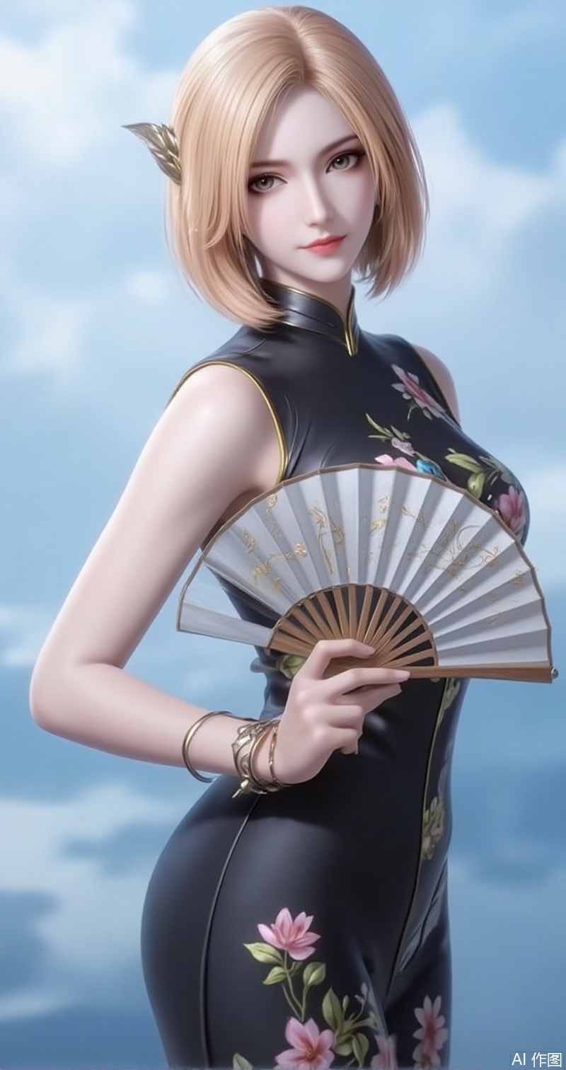 lvjing,baoshi,huliena,blonde hair,short hair,brown eyes,1girl,dress,hand fan,holding,solo,earrings,jewelry,chinese clothes,china dress,black dress,holding fan,floral print,blurry,sleeveless,looking at viewer,sleeveless dress,light blue background,folding fan,standing,head tilt,2,cover,simple background,gradient background,close-up details,outstanding style,adding a touch of dimension to your images without compromising details,close-u
