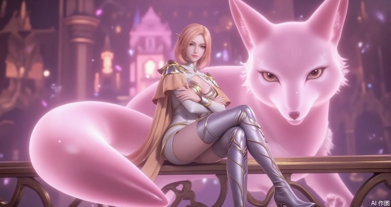 lvjing,baoshi,huliena,a beautiful woman sitting on the balcony railing,blonde hair,brown eyes,short hair,dressed in a white and gold outfit,she was wearing a golden cloak,she has blonde hair,and she's wearing a pair of silver boots. The figure's arms are crossed,in the background is a giant pink crystal fox,pink_theme,Close-up details,outstanding style,adding a touch of dimension to your images without compromising details,close-up,,lvjing,
