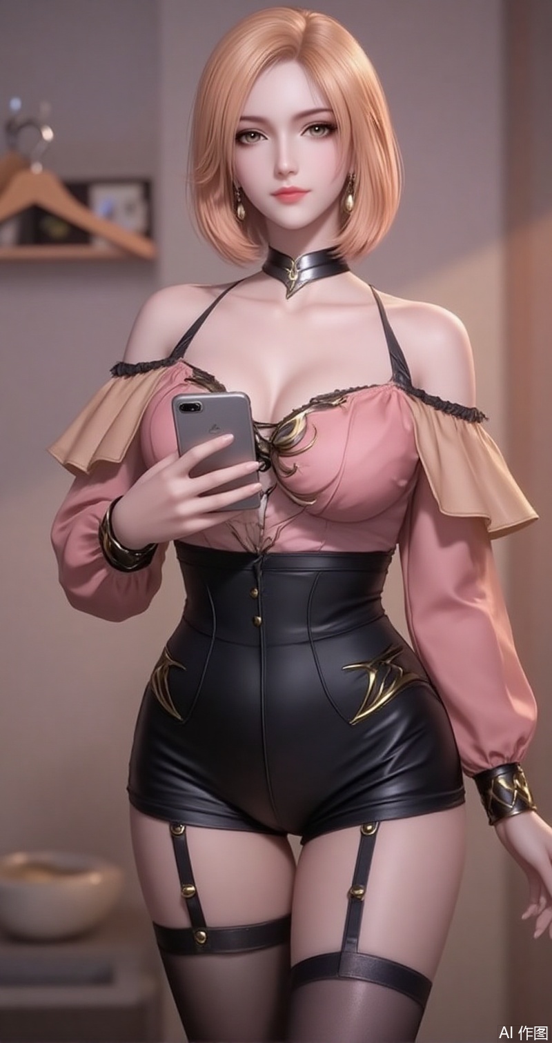 lvjing,baoshi,huliena,blonde hair,short hair,brown eyes,1girl,breasts,jewelry,phone,earrings,thighhighs,choker,solo,cleavage,cellphone,black choker,holding phone,bare shoulders,holding,smartphone,shirt,garter straps,black thighhighs,off-shoulder shirt,leotard,frills,selfie,collarbone,off shoulder,pink shirt,long sleeves,cross-laced clothes,standing,clothes hanger,closed mouth,cowboy shot,high-waist shorts,thighs,indoors,large breasts,see-through,shorts,medium breasts,cover,simple background,gradient background,close-up details,outstanding style,adding a touch of dimension to your images without compromising details,close-up,
