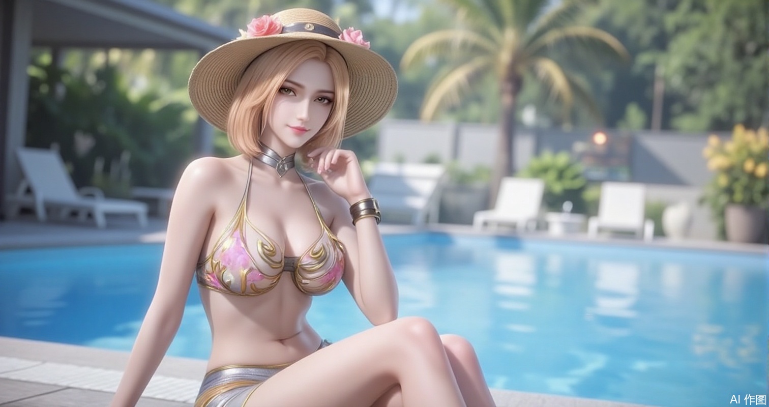 lvjing,baoshi,huliena,blonde hair,short hair,brown eyes,1girl,hat,jewelry,breasts,solo,innertube,bracelet,flower,shorts,earrings,pool,looking at viewer,swimsuit,water,bikini,blurry,sun hat,hat flower,navel,sitting,blurry background,cleavage,collarbone,medium breasts,lips,outdoors,straw hat,bare shoulders,nail polish,cover,simple background,gradient background,close-up details,outstanding style,adding a touch of dimension to your images without compromising details,close-up,
