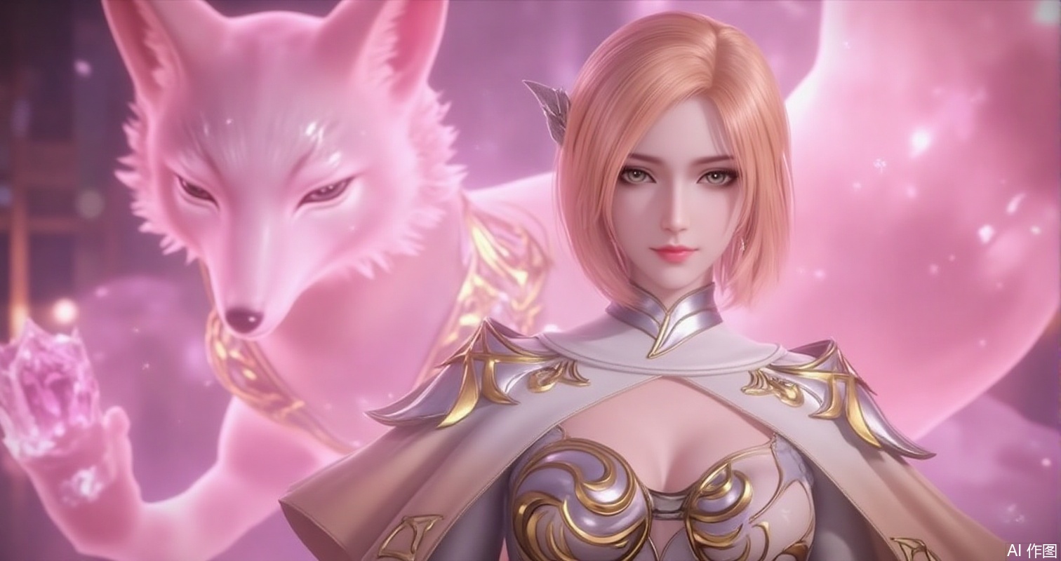 lvjing,baoshi,huliena,a beautiful woman,blonde hair,brown eyes,short hair,dressed in a white and gold outfit,close-up,she was wearing a golden cloak,she has blonde hair,(portrait:1.3),in the background is a giant pink crystal fox,pink_theme,Close-up details,outstanding style,adding a touch of dimension to your images without compromising details,close-up,,lvjing,
