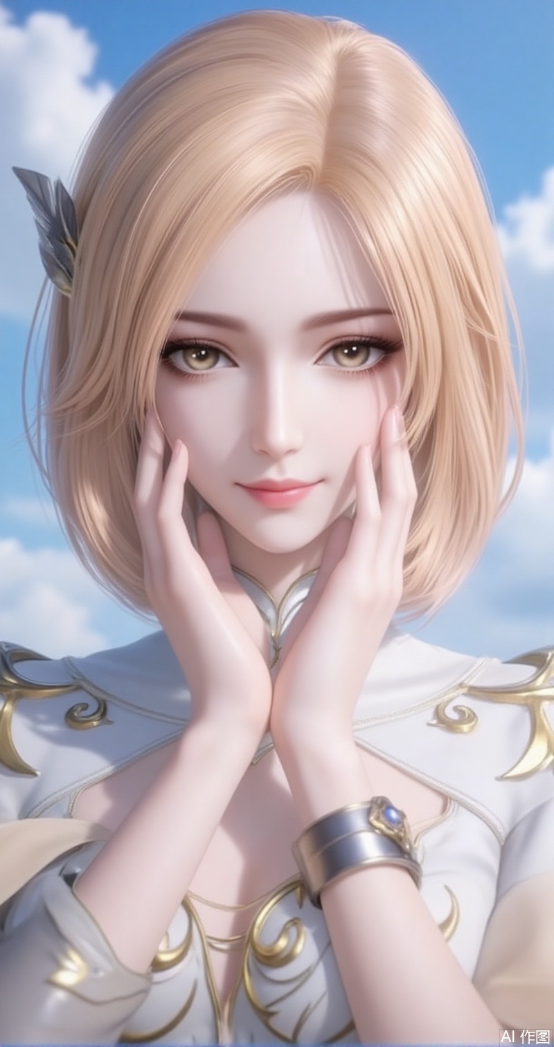 lvjing,baoshi,huliena,blonde hair,short hair,brown eyes,1girl,solo,looking at viewer,smile,hair ornament,dress,jewelry,closed mouth,upper body,sky,cloud,white dress,blue sky,hands on the cheeks,,cover,simple background,gradient background,close-up details,outstanding style,adding a touch of dimension to your images without compromising details,close-up
