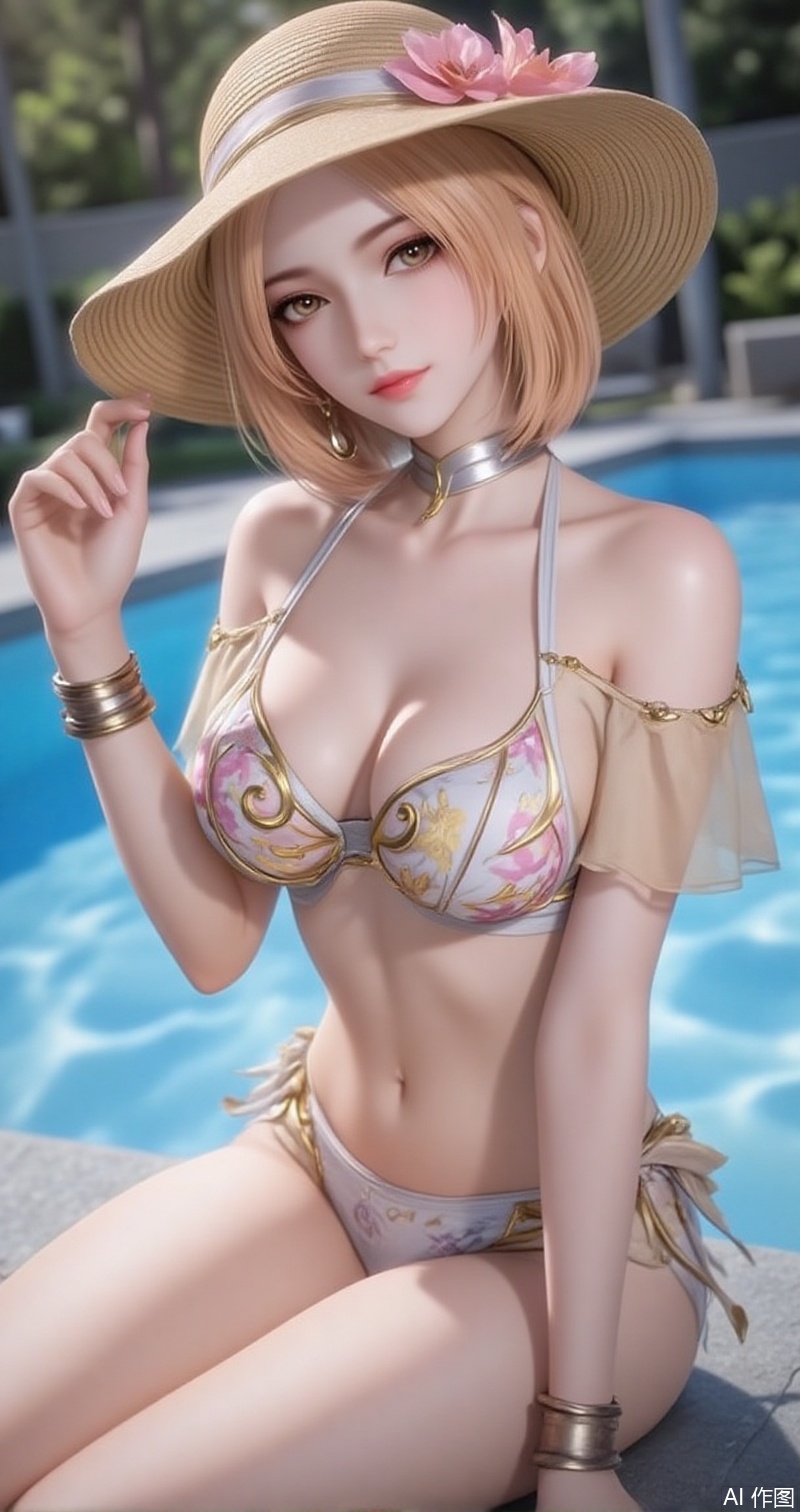 lvjing,baoshi,huliena,blonde hair,short hair,brown eyes,1girl,hat,jewelry,breasts,solo,innertube,bracelet,flower,shorts,earrings,pool,looking at viewer,swimsuit,water,bikini,blurry,sun hat,hat flower,navel,sitting,blurry background,cleavage,collarbone,medium breasts,lips,outdoors,straw hat,bare shoulders,nail polish,cover,simple background,gradient background,close-up details,outstanding style,adding a touch of dimension to your images without compromising details,close-up,
