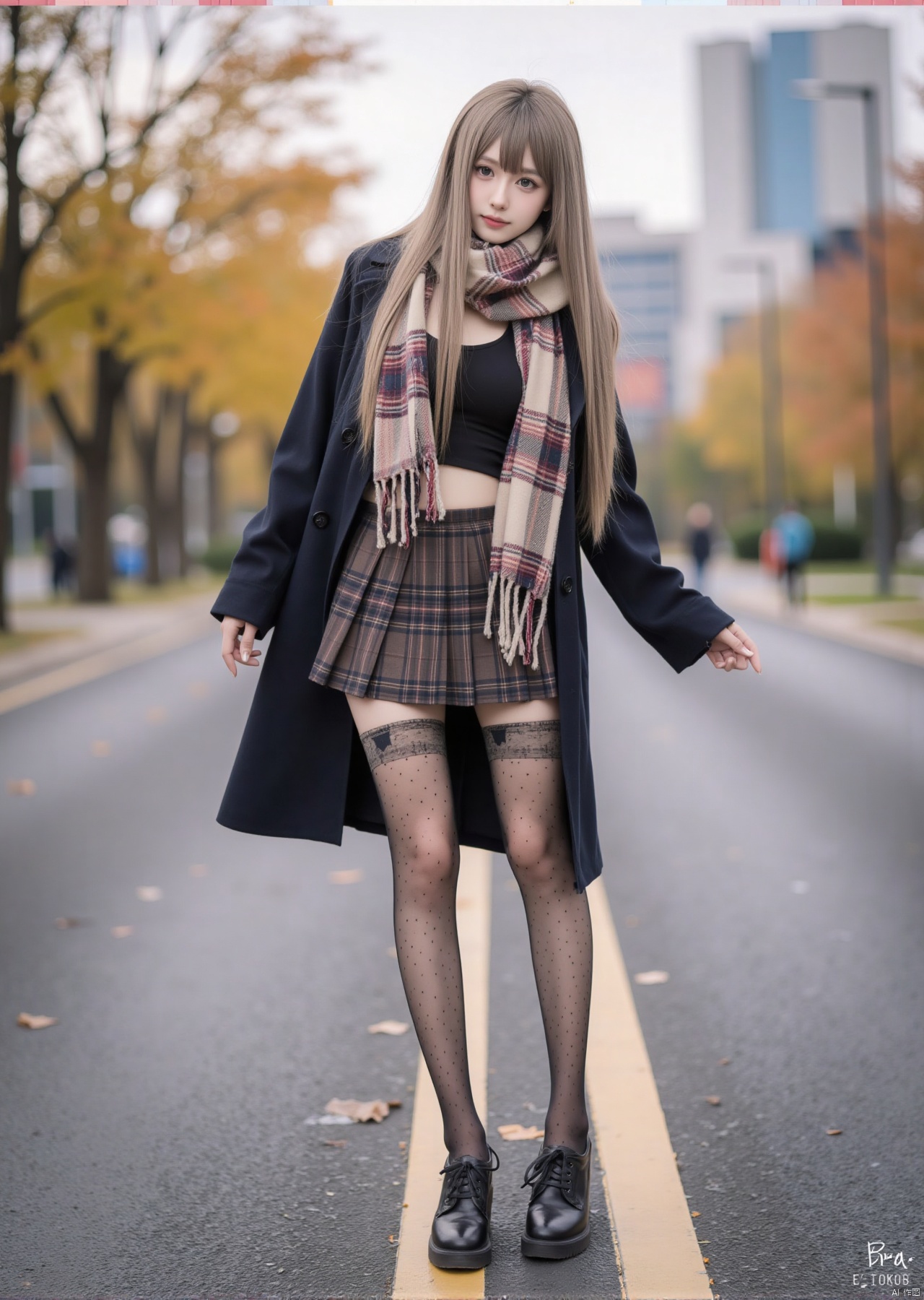 Realistic photo, 1girl, long hair, fair skin, big breasts, coat, plaid scarf, pleated skirt, transparent pattern stockings, long legs, knitted leggings, high heels, autumn fashion street, natural outdoor lighting,