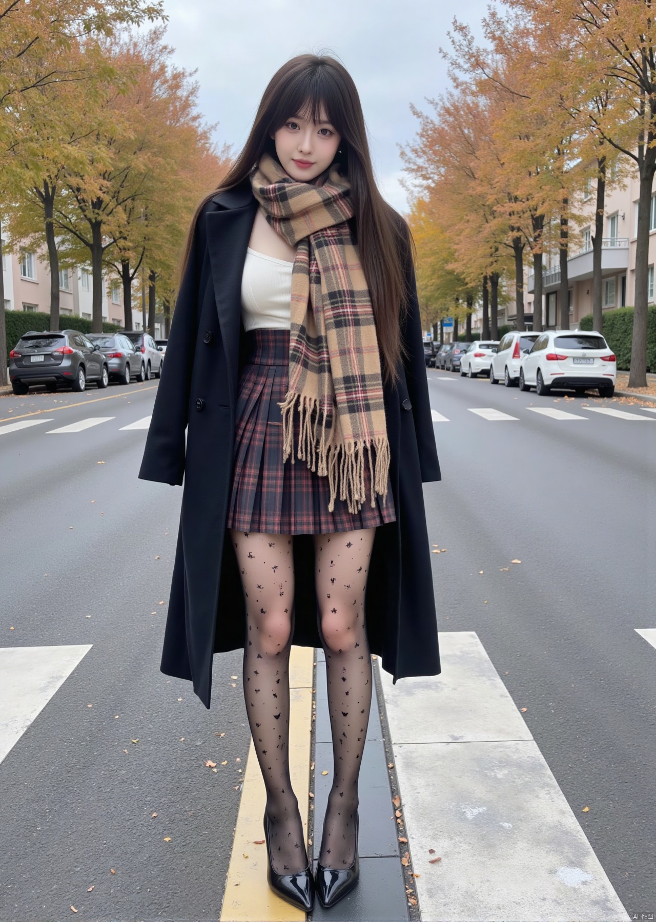 Realistic photo, 1girl, long hair, fair skin, big breasts, coat, plaid scarf, pleated skirt, transparent pattern stockings, long legs, knitted leggings, high heels, autumn fashion street, natural outdoor lighting,