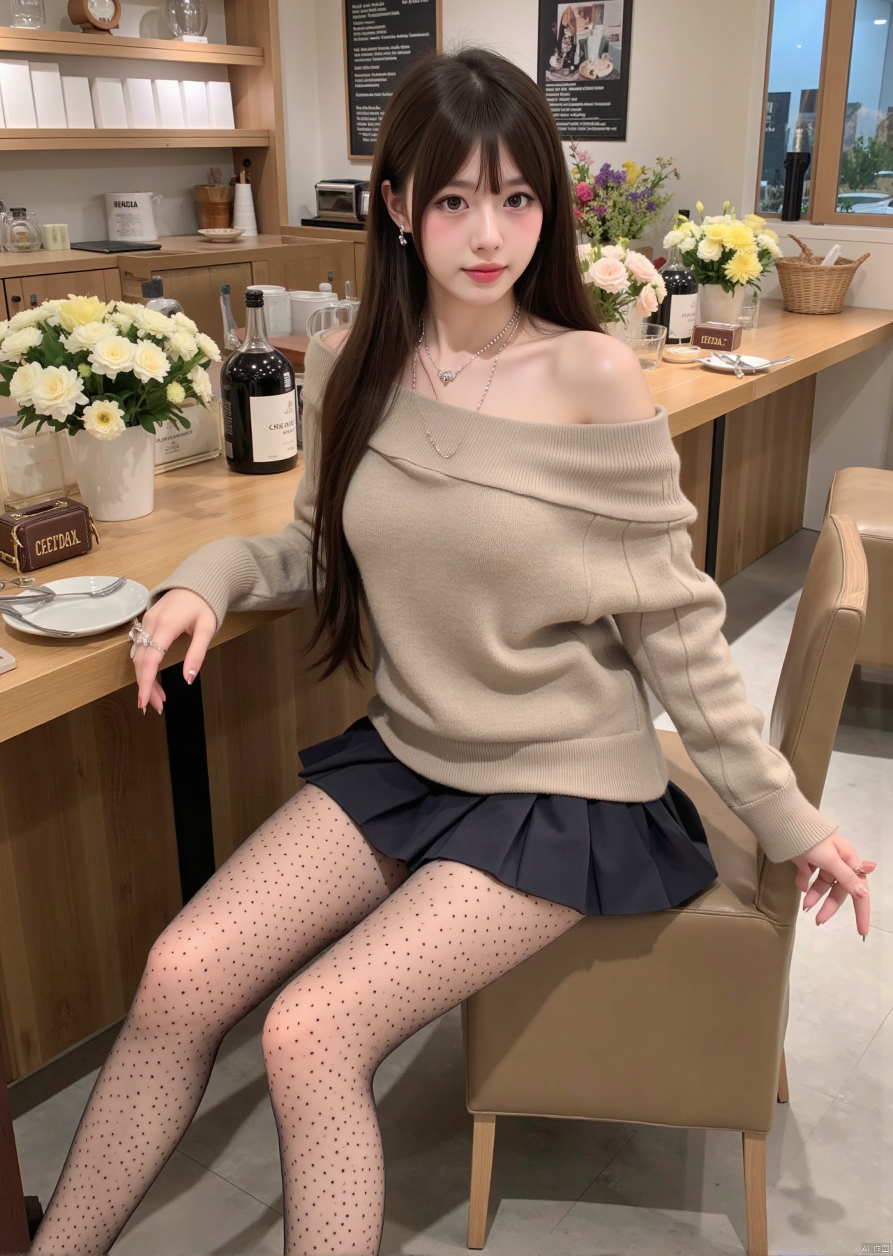 Realistic photo, 1girl, long hair, fair skin, big breasts, off-shoulder sweater, pleated skirt, transparent patterned stockings, long legs, high heels, jewelry, full body, sitting, fashion coffee shop, flowers,