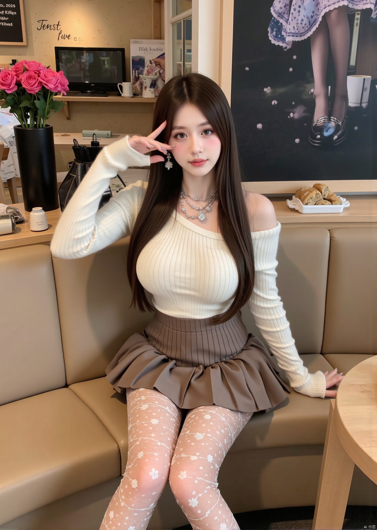 Realistic photo, a young woman, long hair, fair skin, big breasts, off-shoulder sweater, pleated skirt, transparent patterned stockings, long legs, high heels, jewelry, full body, sitting, fashion coffee shop, flowers,