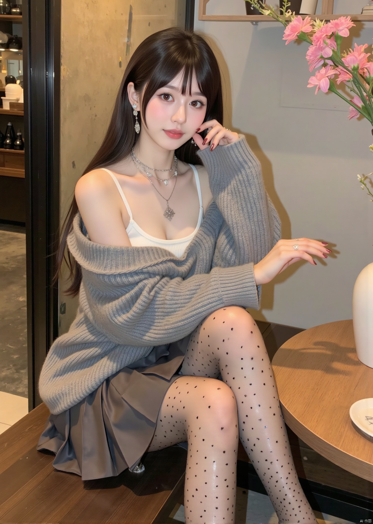 Realistic photo, a young woman, long hair, fair skin, big breasts, off-shoulder sweater, pleated skirt, transparent patterned stockings, long legs, high heels, jewelry, full body, sitting, fashion coffee shop, flowers,
