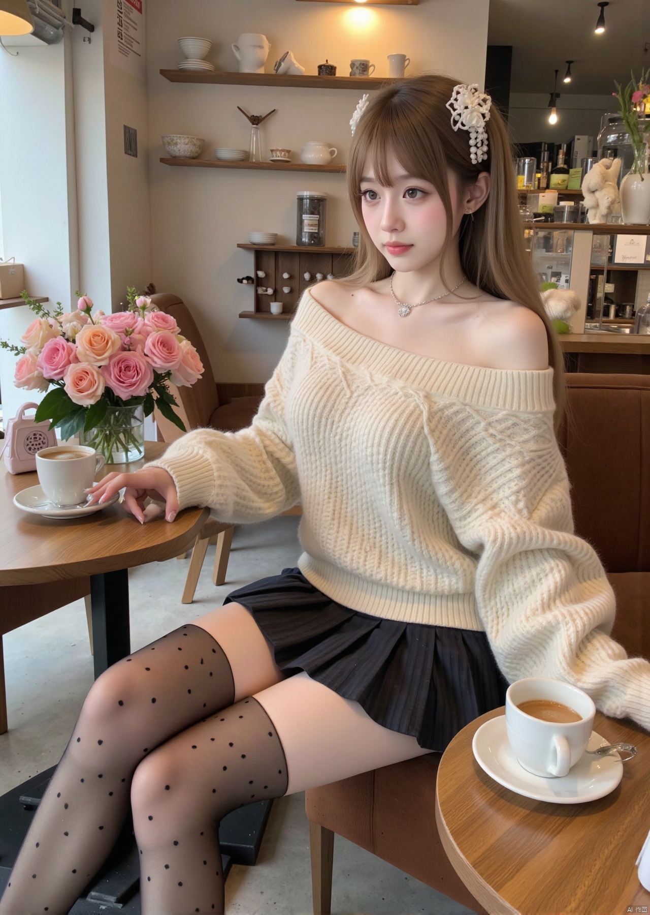 Realistic photo, 1girl, long hair, fair skin, big breasts, off-shoulder sweater, pleated skirt, transparent patterned stockings, long legs, high heels, jewelry, full body, sitting, fashion coffee shop, flowers,