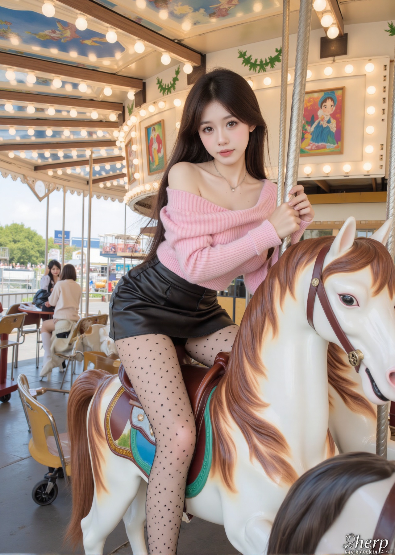 Realistic photo, a young woman, long hair, fair skin, big breasts, off-shoulder pink sweater, short leather skirt, transparent patterned stockings, long legs, pointed high heels, full body, (Riding on carousel), amusement park,