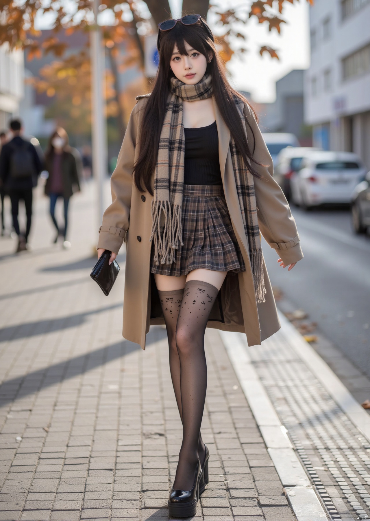 Realistic photo, 1girl, long hair, fair skin, big breasts, coat, plaid scarf, pleated skirt, transparent pattern stockings, long legs, knitted leggings, high heels, autumn fashion street, natural outdoor lighting,