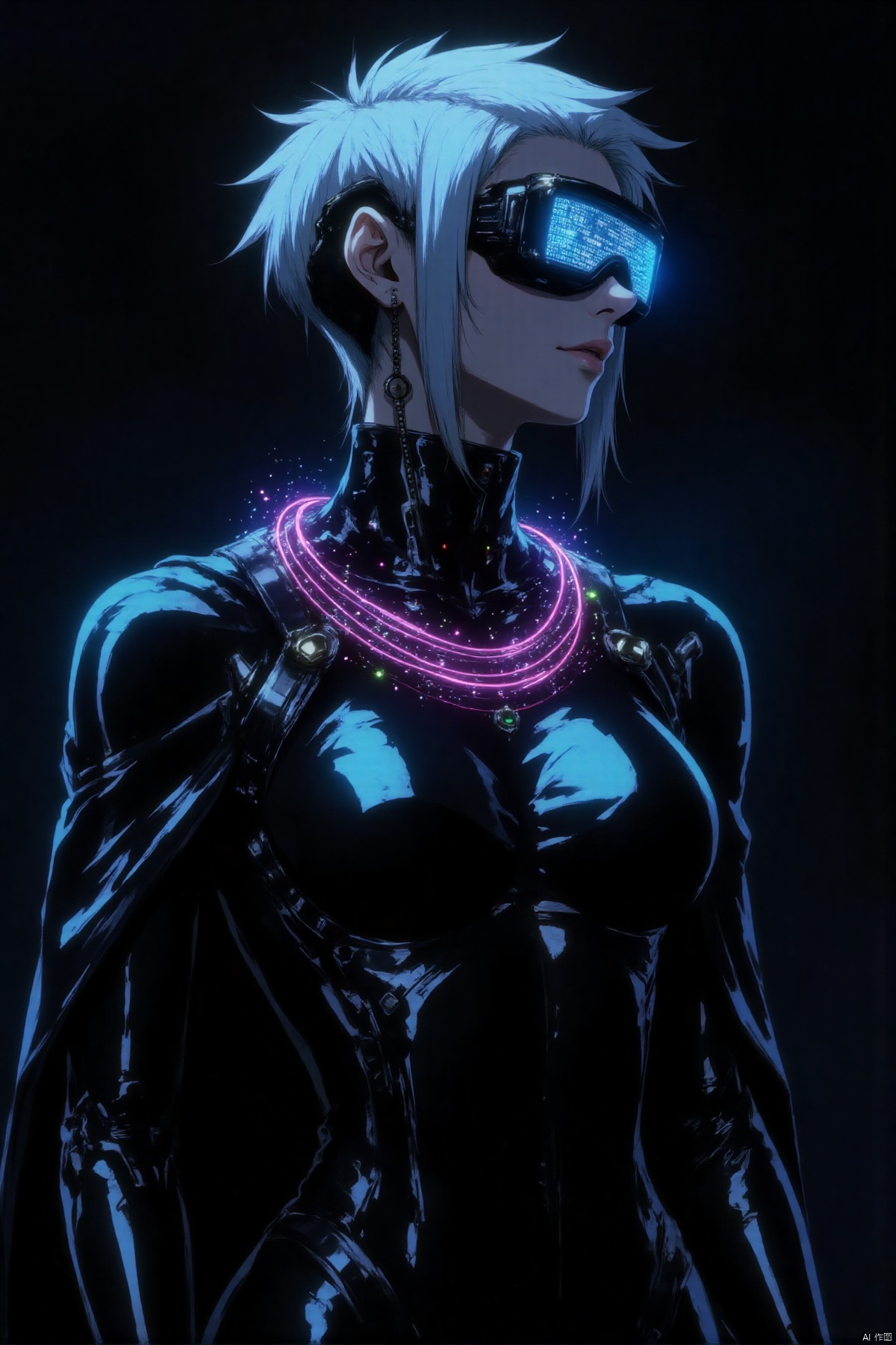 In the neon light and shadow of cyberpunk, the upper body of this woman is uniquely charming. Her hair is a dazzling silver-blue, trimmed in a sharp geometric shape, as if it's a hairstyle from the future.
Her eyes are occupied by a pair of goggles with augmented reality functions, on which complex codes and information flows are scrolling. Her tall nose and sharp chin outline her resolute facial contour.
She is wearing a black leather bodysuit studded with luminous circuit lines that flash rhythmically with her breathing and movements. Over it is a metallic cape that flutters and makes a clanging sound on her shoulders.
Her hands are wearing metal gloves with haptic feedback, and the finger parts are equipped with miniature tools and weapons. Around her neck is a collar woven from data optical cables, flashing multicolored lights, echoing the circuit lines on the bodysuit.