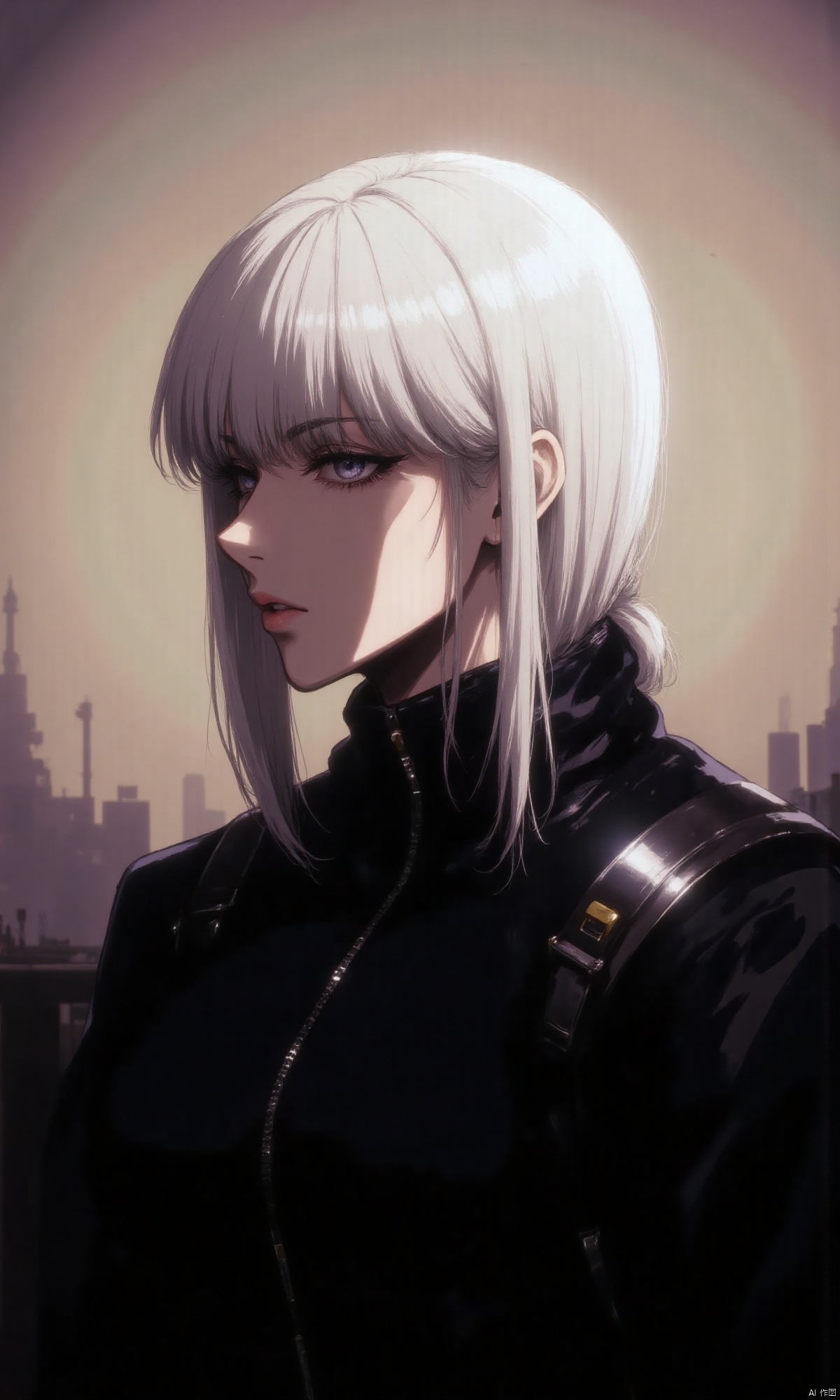 A woman with white hair and black clothes.
