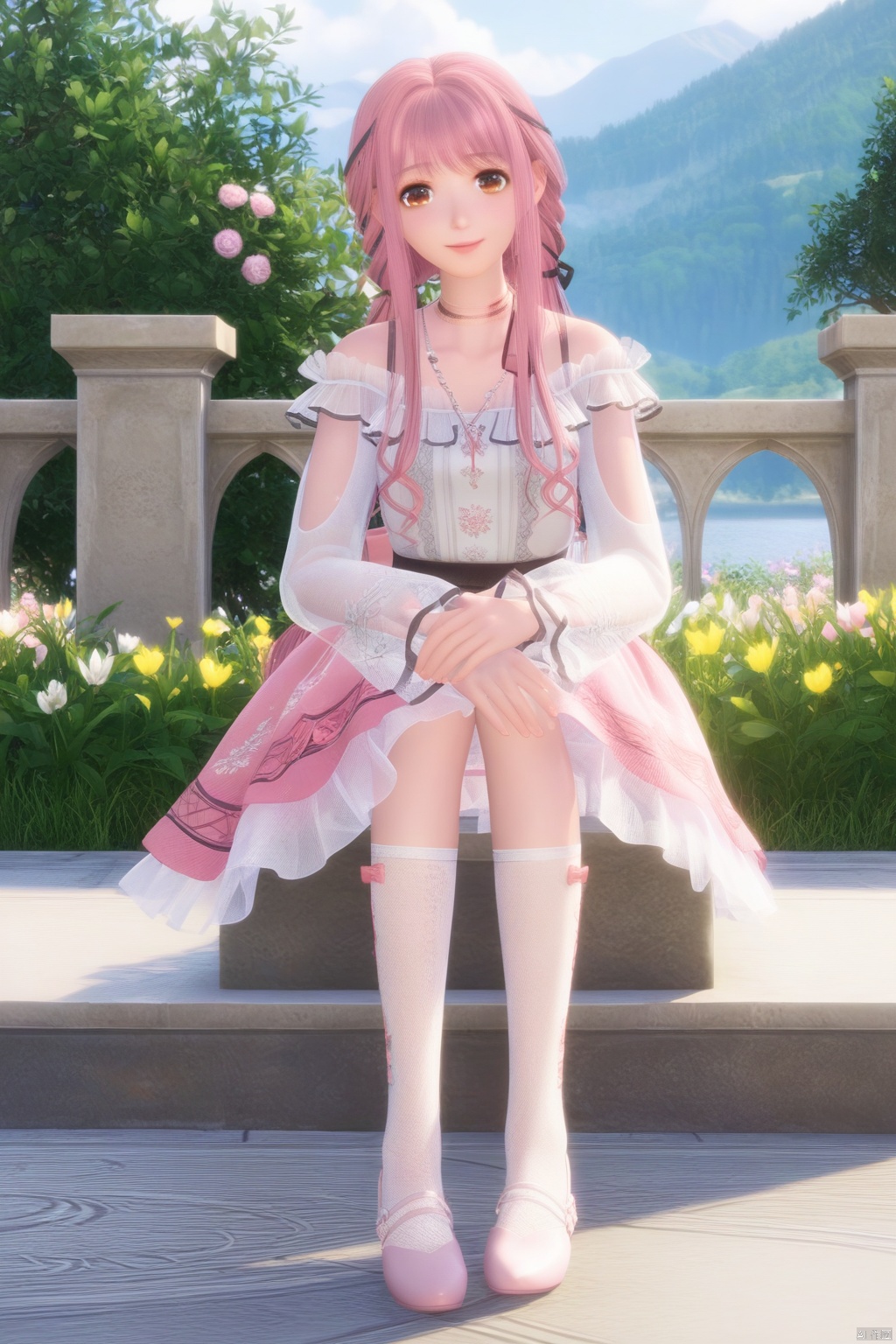 masterpiece, best quality, masterpiece,best quality,official art,extremely detailed CG unity 8k wallpaper,1girl,solo,long hair,looking at viewer,bangs,skirt,long sleeves,dress,brown eyes,jewelry,pink hair,braid,flower,outdoors,frills,necklace,see-through,pink skirt,see-through sleeves,socks,shoes,happy,hugging own legs,(hugging own legs:1.3)